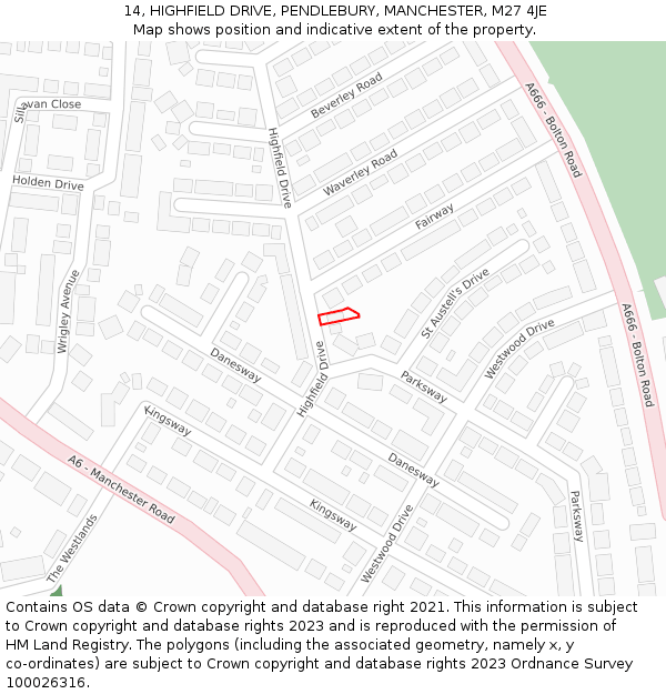 14, HIGHFIELD DRIVE, PENDLEBURY, MANCHESTER, M27 4JE: Location map and indicative extent of plot