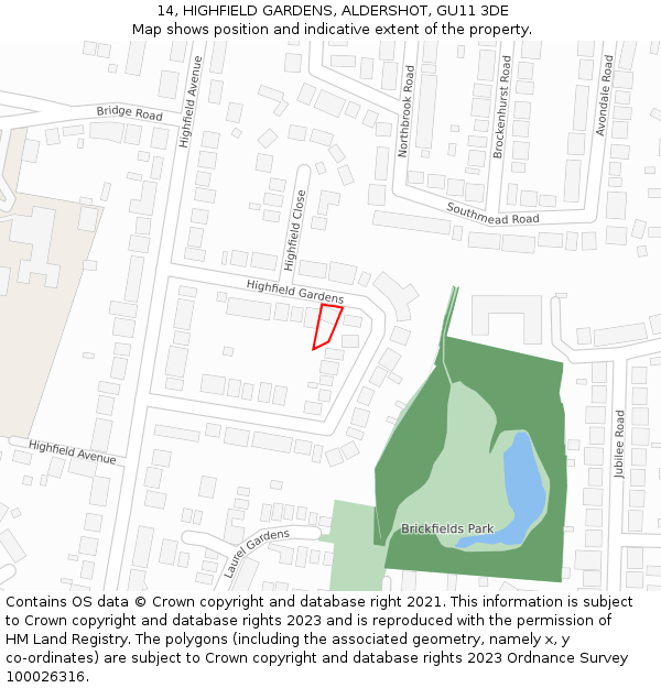 14, HIGHFIELD GARDENS, ALDERSHOT, GU11 3DE: Location map and indicative extent of plot