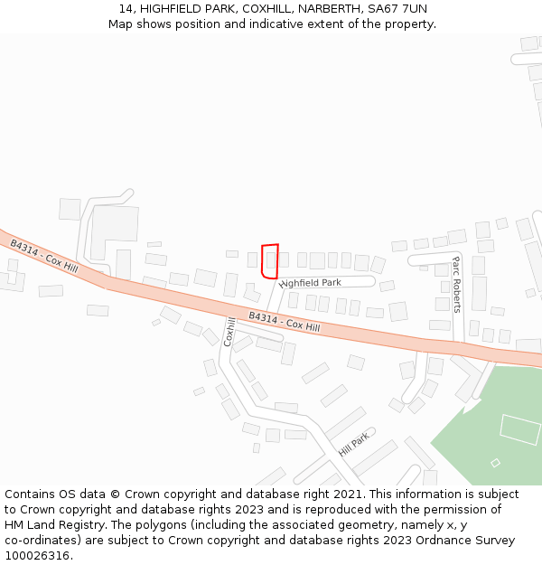 14, HIGHFIELD PARK, COXHILL, NARBERTH, SA67 7UN: Location map and indicative extent of plot