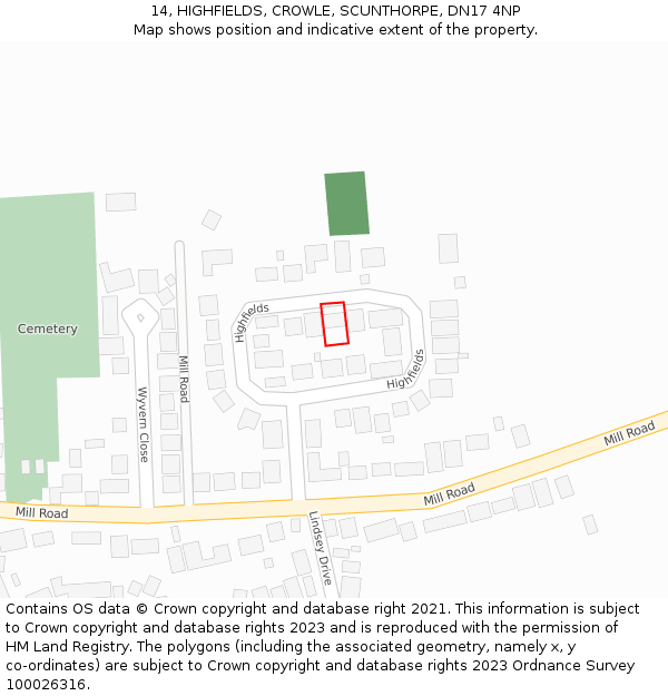 14, HIGHFIELDS, CROWLE, SCUNTHORPE, DN17 4NP: Location map and indicative extent of plot