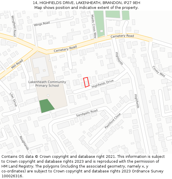 14, HIGHFIELDS DRIVE, LAKENHEATH, BRANDON, IP27 9EH: Location map and indicative extent of plot