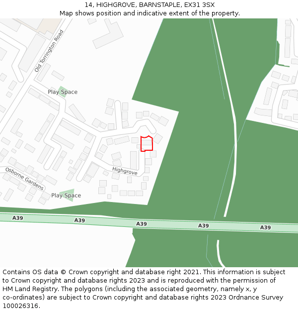 14, HIGHGROVE, BARNSTAPLE, EX31 3SX: Location map and indicative extent of plot