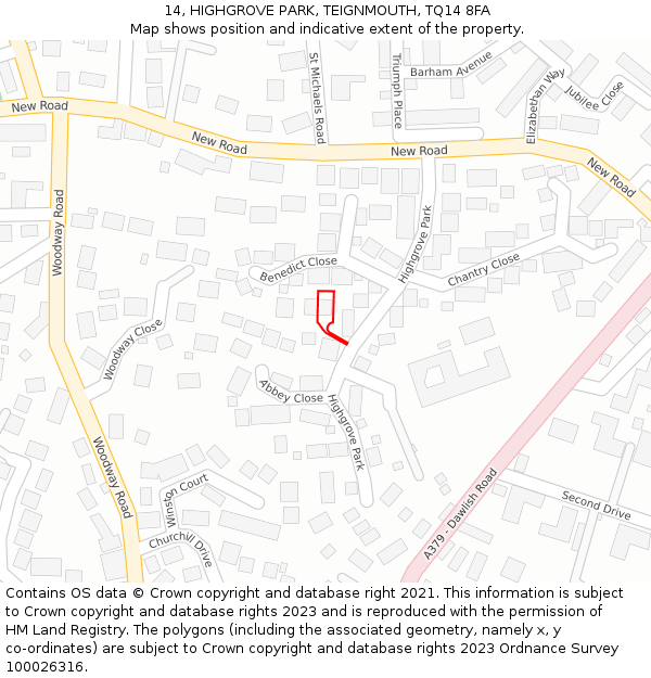 14, HIGHGROVE PARK, TEIGNMOUTH, TQ14 8FA: Location map and indicative extent of plot