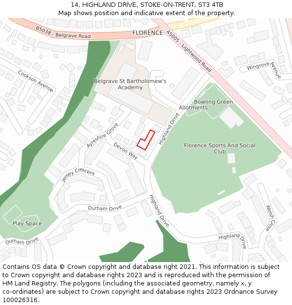 14, HIGHLAND DRIVE, STOKE-ON-TRENT, ST3 4TB: Location map and indicative extent of plot