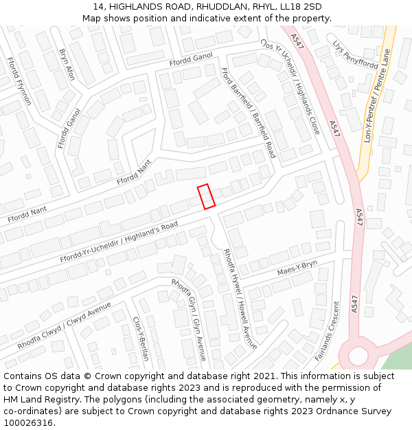 14, HIGHLANDS ROAD, RHUDDLAN, RHYL, LL18 2SD: Location map and indicative extent of plot