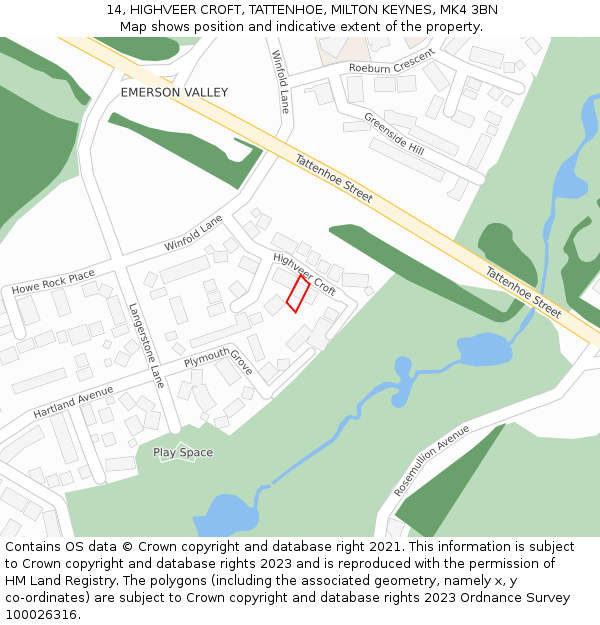14, HIGHVEER CROFT, TATTENHOE, MILTON KEYNES, MK4 3BN: Location map and indicative extent of plot