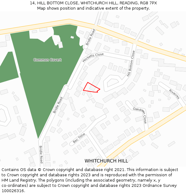 14, HILL BOTTOM CLOSE, WHITCHURCH HILL, READING, RG8 7PX: Location map and indicative extent of plot