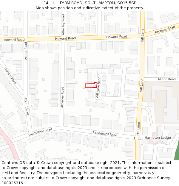 14, HILL FARM ROAD, SOUTHAMPTON, SO15 5SP: Location map and indicative extent of plot