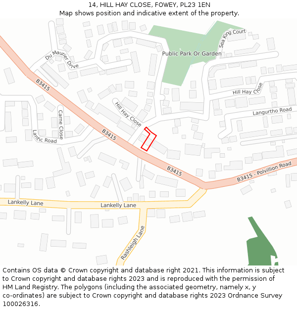 14, HILL HAY CLOSE, FOWEY, PL23 1EN: Location map and indicative extent of plot