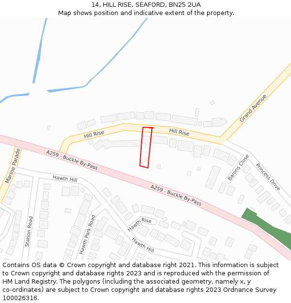 14, HILL RISE, SEAFORD, BN25 2UA: Location map and indicative extent of plot