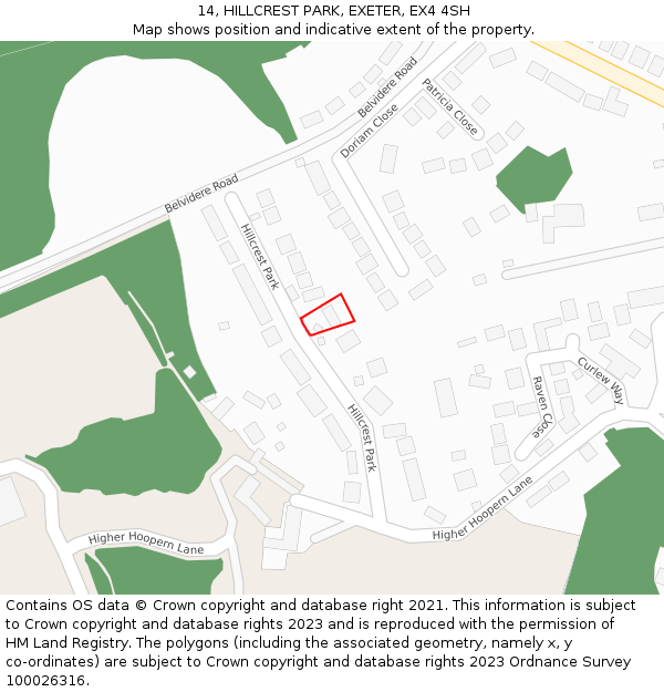 14, HILLCREST PARK, EXETER, EX4 4SH: Location map and indicative extent of plot