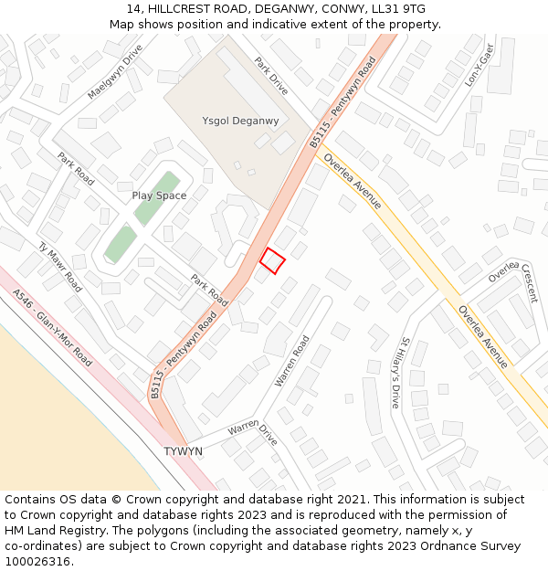 14, HILLCREST ROAD, DEGANWY, CONWY, LL31 9TG: Location map and indicative extent of plot