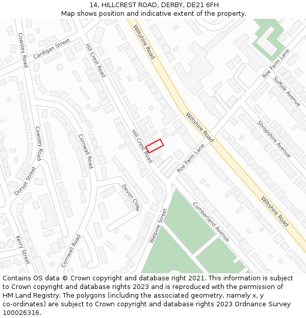 14, HILLCREST ROAD, DERBY, DE21 6FH: Location map and indicative extent of plot