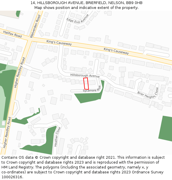 14, HILLSBOROUGH AVENUE, BRIERFIELD, NELSON, BB9 0HB: Location map and indicative extent of plot