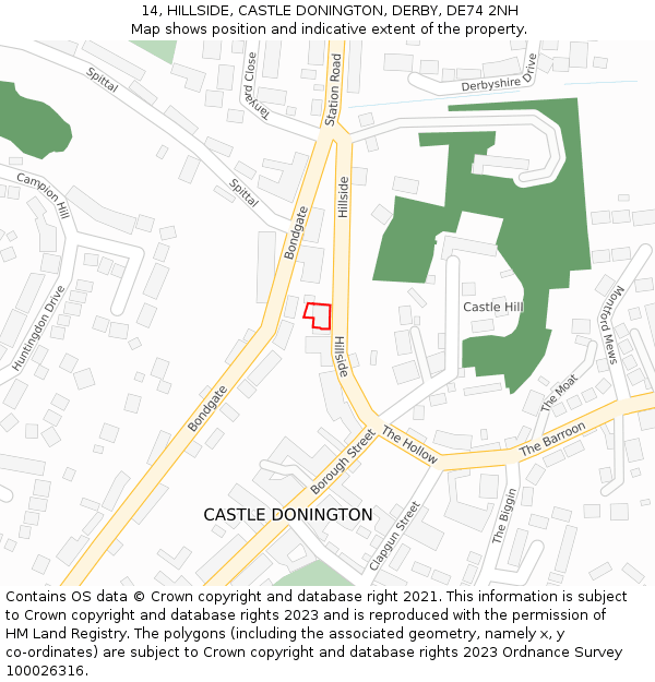14, HILLSIDE, CASTLE DONINGTON, DERBY, DE74 2NH: Location map and indicative extent of plot