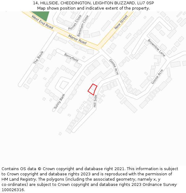 14, HILLSIDE, CHEDDINGTON, LEIGHTON BUZZARD, LU7 0SP: Location map and indicative extent of plot