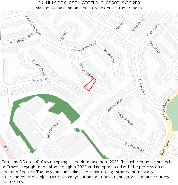 14, HILLSIDE CLOSE, HADFIELD, GLOSSOP, SK13 2EB: Location map and indicative extent of plot