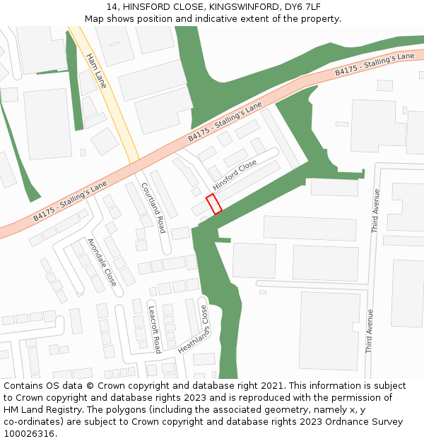 14, HINSFORD CLOSE, KINGSWINFORD, DY6 7LF: Location map and indicative extent of plot