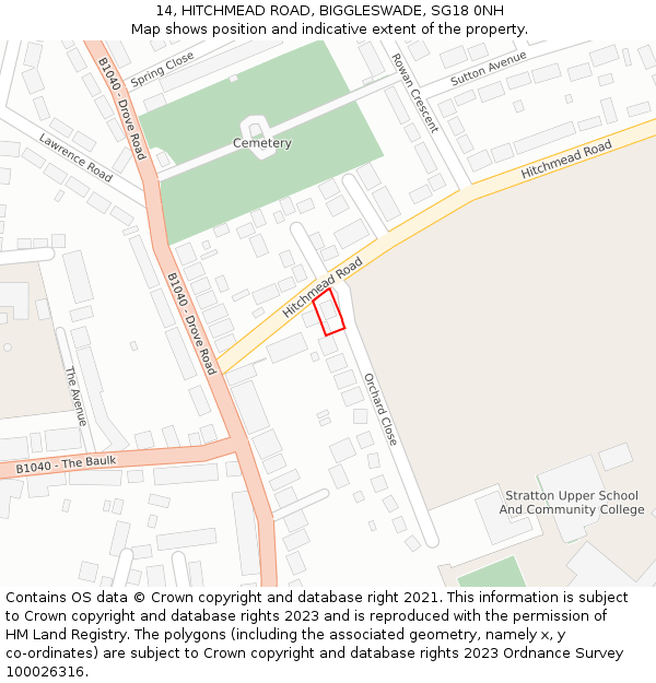 14, HITCHMEAD ROAD, BIGGLESWADE, SG18 0NH: Location map and indicative extent of plot