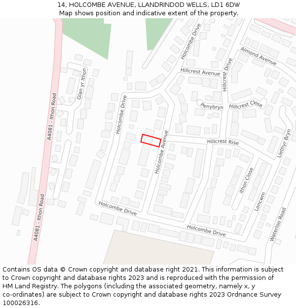 14, HOLCOMBE AVENUE, LLANDRINDOD WELLS, LD1 6DW: Location map and indicative extent of plot