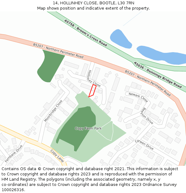 14, HOLLINHEY CLOSE, BOOTLE, L30 7RN: Location map and indicative extent of plot