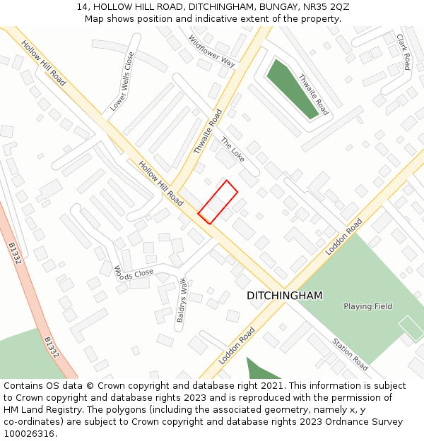 14, HOLLOW HILL ROAD, DITCHINGHAM, BUNGAY, NR35 2QZ: Location map and indicative extent of plot