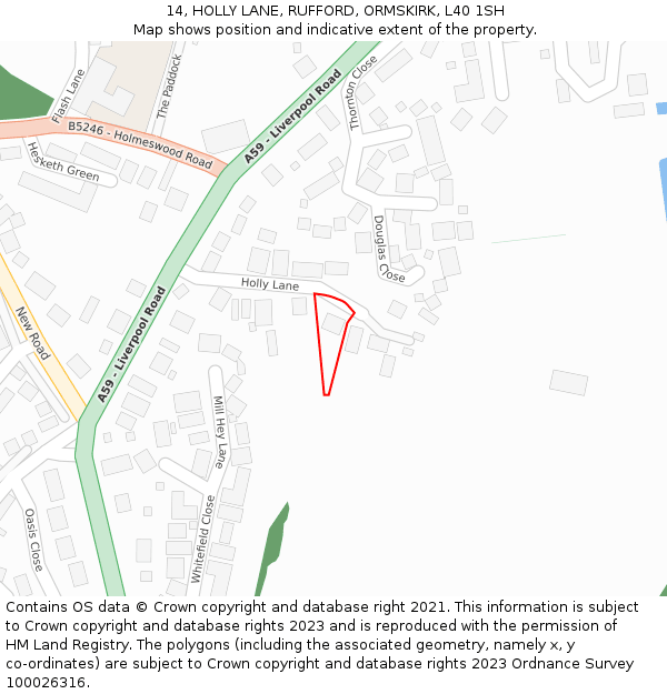 14, HOLLY LANE, RUFFORD, ORMSKIRK, L40 1SH: Location map and indicative extent of plot