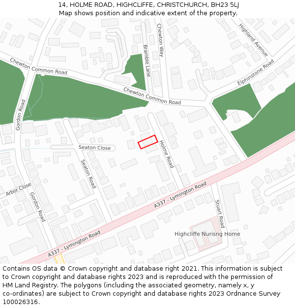 14, HOLME ROAD, HIGHCLIFFE, CHRISTCHURCH, BH23 5LJ: Location map and indicative extent of plot