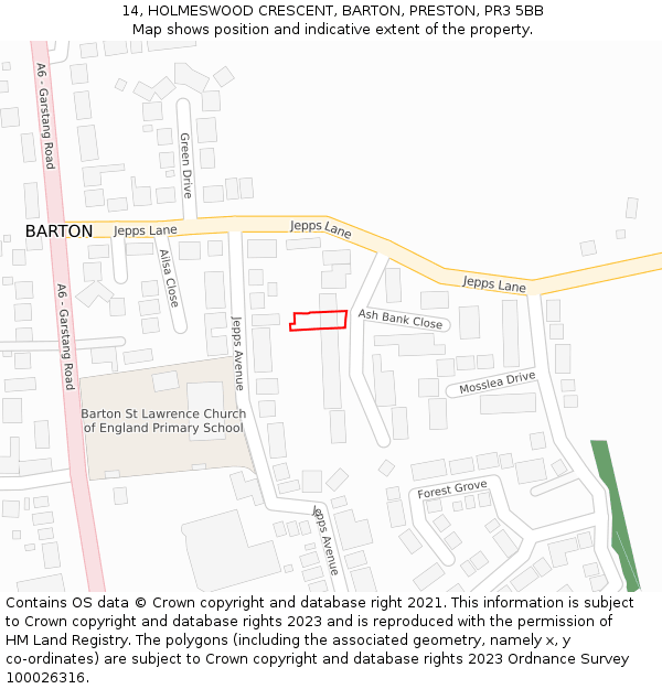 14, HOLMESWOOD CRESCENT, BARTON, PRESTON, PR3 5BB: Location map and indicative extent of plot