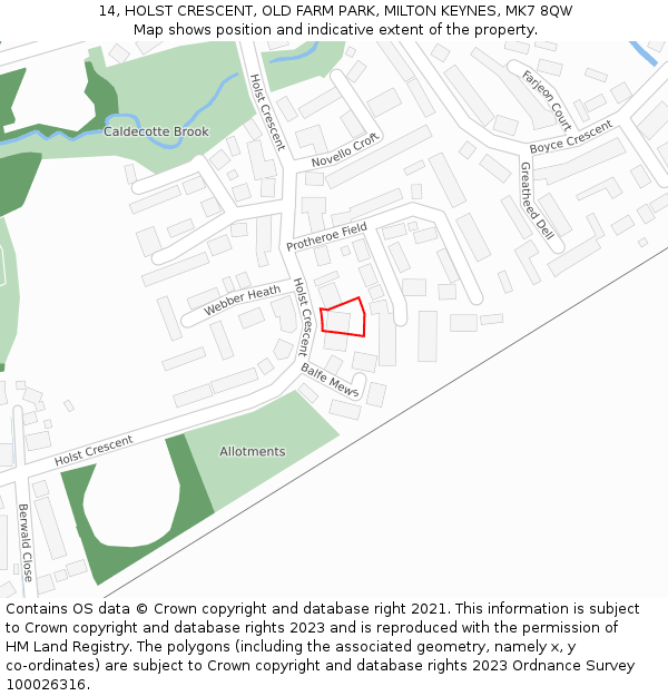 14, HOLST CRESCENT, OLD FARM PARK, MILTON KEYNES, MK7 8QW: Location map and indicative extent of plot