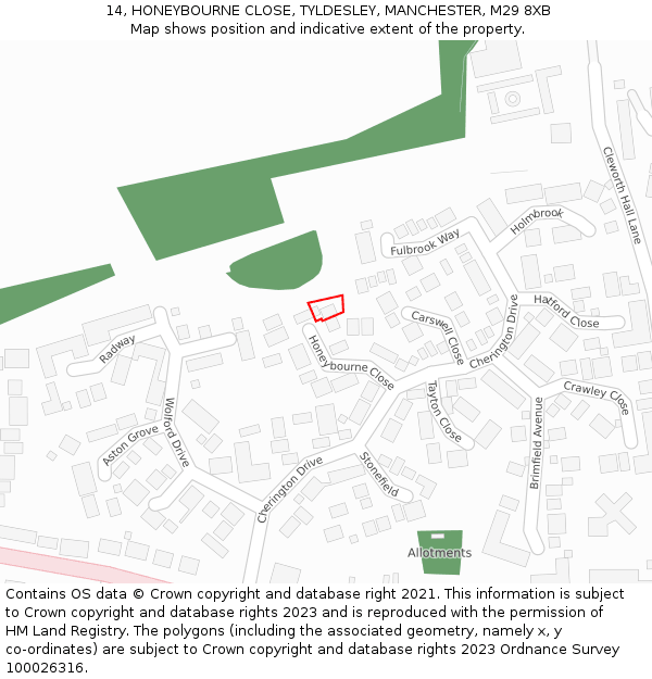 14, HONEYBOURNE CLOSE, TYLDESLEY, MANCHESTER, M29 8XB: Location map and indicative extent of plot