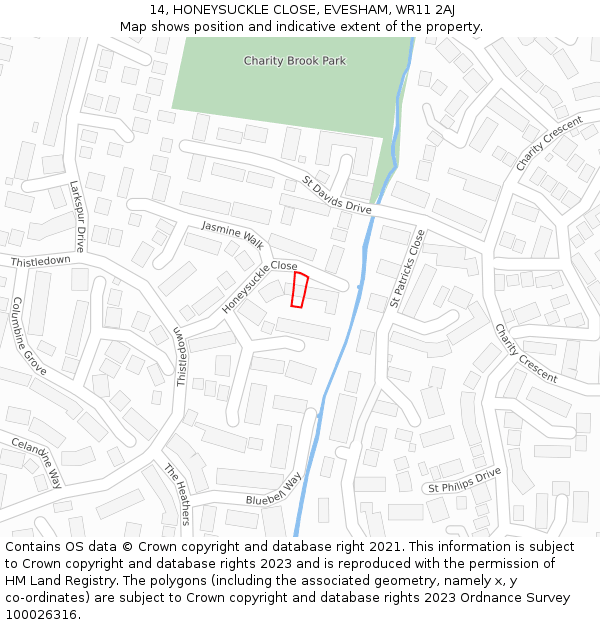 14, HONEYSUCKLE CLOSE, EVESHAM, WR11 2AJ: Location map and indicative extent of plot