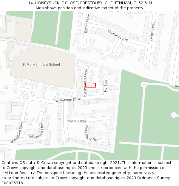 14, HONEYSUCKLE CLOSE, PRESTBURY, CHELTENHAM, GL52 5LN: Location map and indicative extent of plot