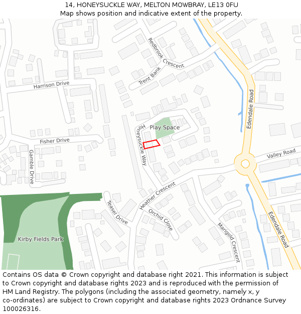 14, HONEYSUCKLE WAY, MELTON MOWBRAY, LE13 0FU: Location map and indicative extent of plot