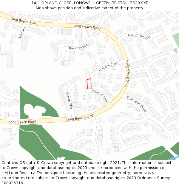 14, HOPLAND CLOSE, LONGWELL GREEN, BRISTOL, BS30 9XB: Location map and indicative extent of plot