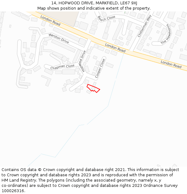 14, HOPWOOD DRIVE, MARKFIELD, LE67 9XJ: Location map and indicative extent of plot