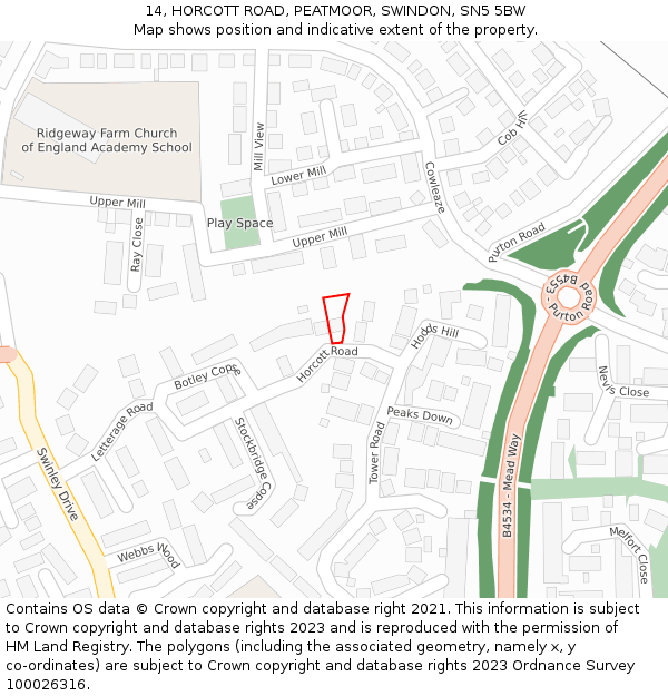 14, HORCOTT ROAD, PEATMOOR, SWINDON, SN5 5BW: Location map and indicative extent of plot