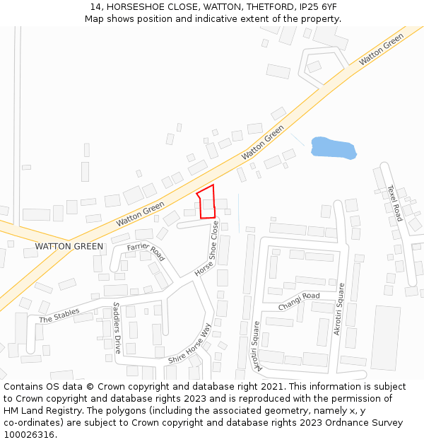 14, HORSESHOE CLOSE, WATTON, THETFORD, IP25 6YF: Location map and indicative extent of plot