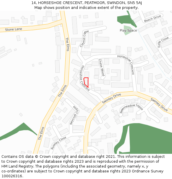 14, HORSESHOE CRESCENT, PEATMOOR, SWINDON, SN5 5AJ: Location map and indicative extent of plot