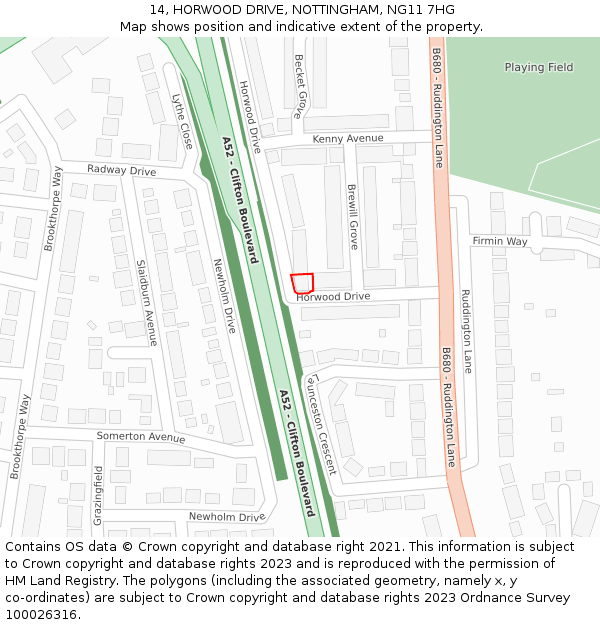 14, HORWOOD DRIVE, NOTTINGHAM, NG11 7HG: Location map and indicative extent of plot