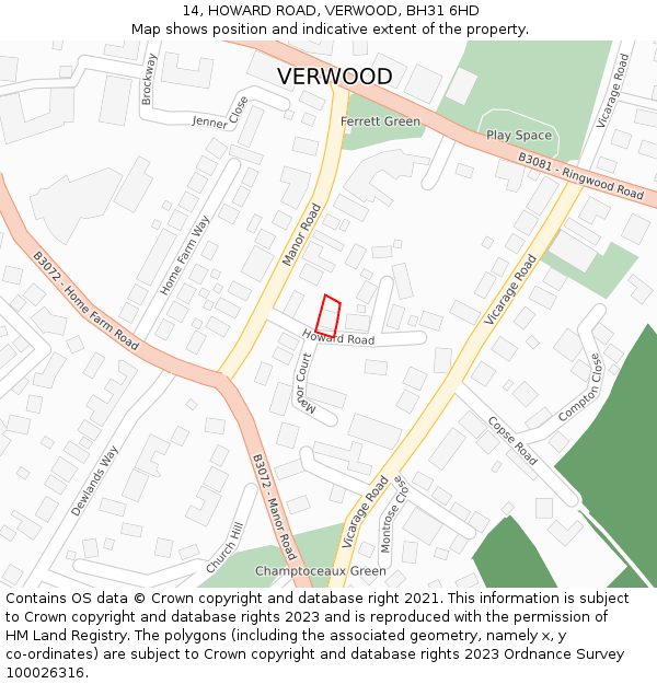 14, HOWARD ROAD, VERWOOD, BH31 6HD: Location map and indicative extent of plot