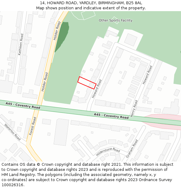 14, HOWARD ROAD, YARDLEY, BIRMINGHAM, B25 8AL: Location map and indicative extent of plot