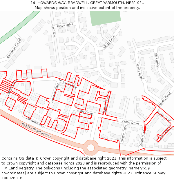 14, HOWARDS WAY, BRADWELL, GREAT YARMOUTH, NR31 9FU: Location map and indicative extent of plot