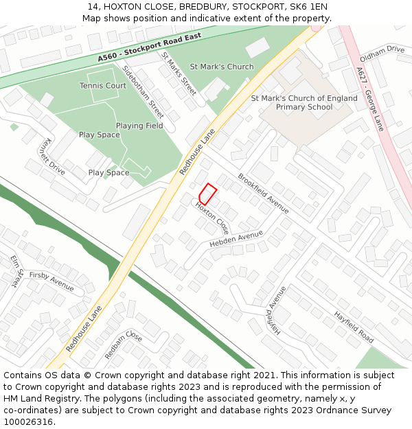 14, HOXTON CLOSE, BREDBURY, STOCKPORT, SK6 1EN: Location map and indicative extent of plot