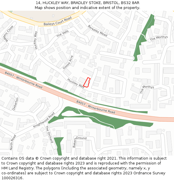 14, HUCKLEY WAY, BRADLEY STOKE, BRISTOL, BS32 8AR: Location map and indicative extent of plot