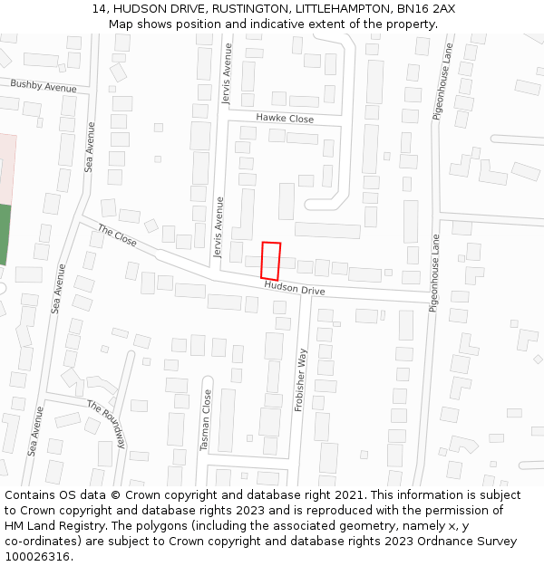 14, HUDSON DRIVE, RUSTINGTON, LITTLEHAMPTON, BN16 2AX: Location map and indicative extent of plot