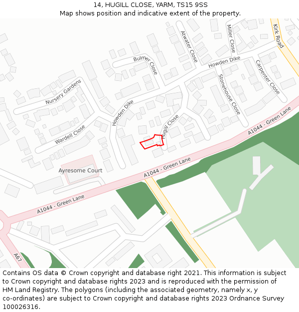 14, HUGILL CLOSE, YARM, TS15 9SS: Location map and indicative extent of plot
