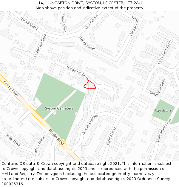 14, HUNGARTON DRIVE, SYSTON, LEICESTER, LE7 2AU: Location map and indicative extent of plot