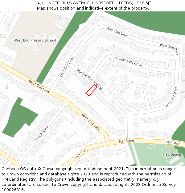 14, HUNGER HILLS AVENUE, HORSFORTH, LEEDS, LS18 5JT: Location map and indicative extent of plot