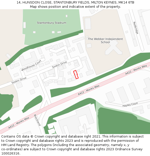 14, HUNSDON CLOSE, STANTONBURY FIELDS, MILTON KEYNES, MK14 6TB: Location map and indicative extent of plot